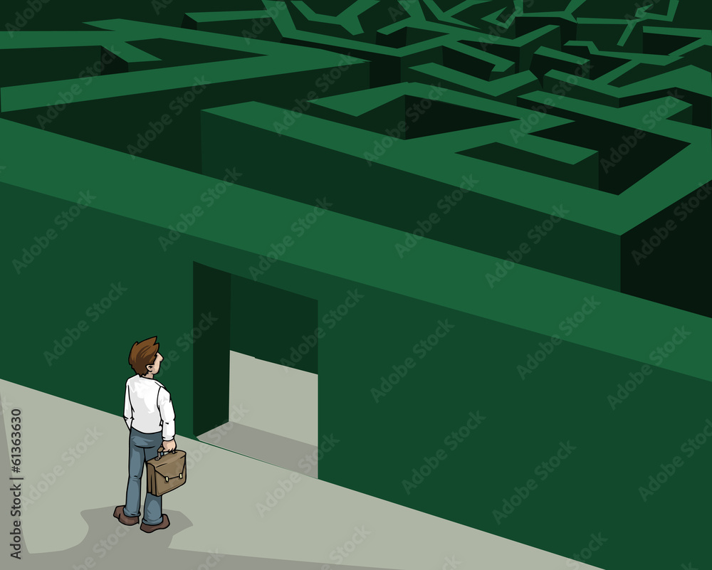 Business man in front of labyrinth - maze Business man in front of labyrinth - maze