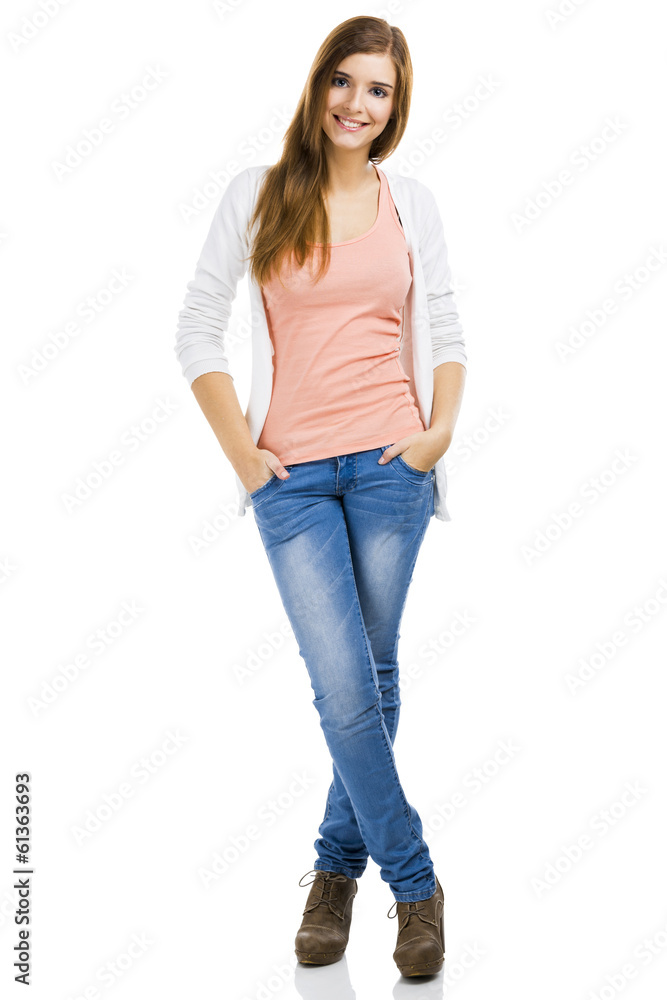 Beautiful blonde woman standing over a white background Beautiful blonde woman standing over a white background