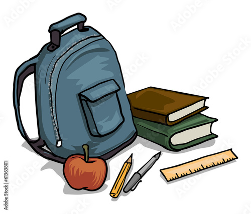 Set of high school items, backpack, pencil, books, apple