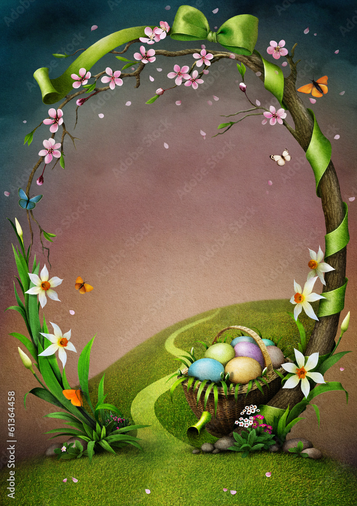 Beautiful spring frame with flowers and Easter eggs.