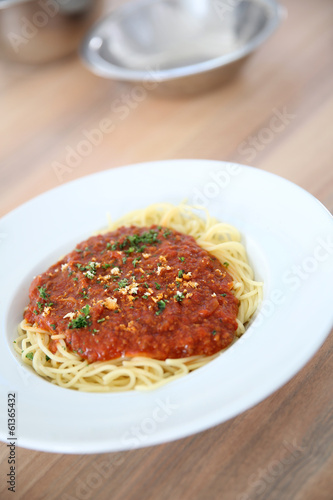 Closeup of bolognese spaghettis dish