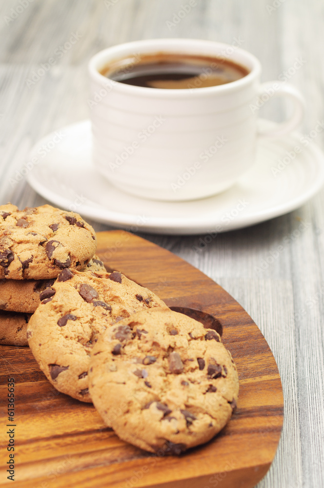 Chocolate chip cookies and a cup of coffee Chocolate chip cookies and a cup of coffee