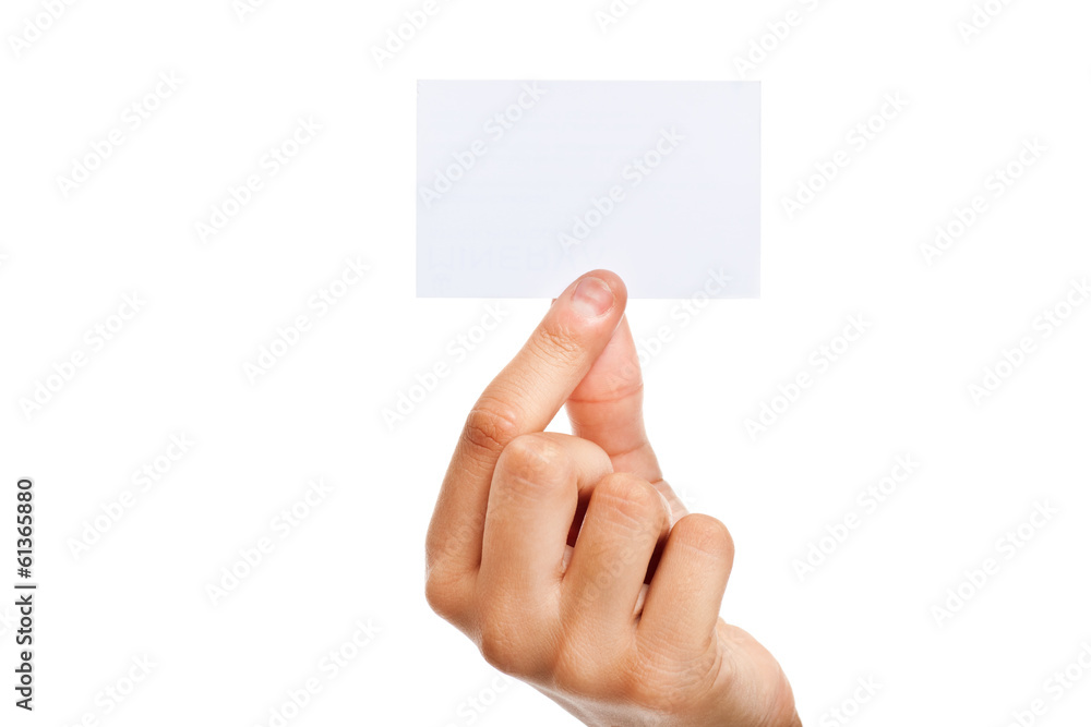 Male hand holding a business card