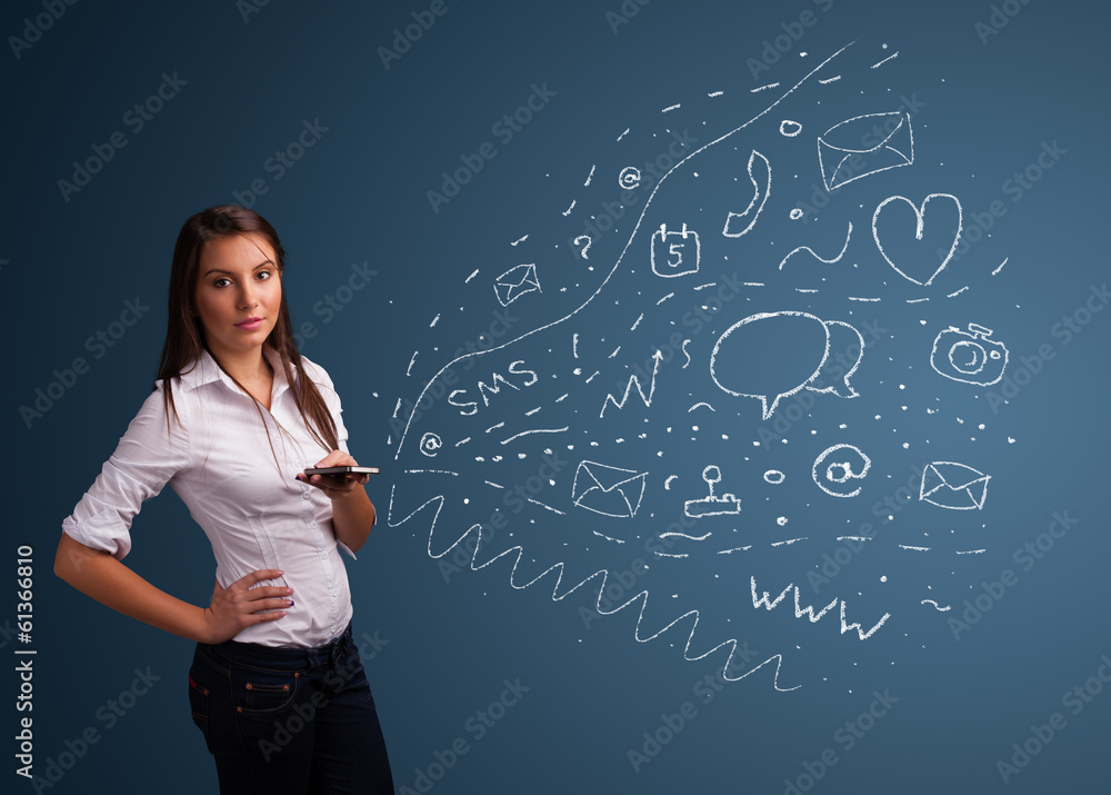 Girl typing on smartphone with various modern technology icons Girl typing on smartphone with various modern technology icons