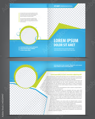 Vector empty bifold brochure template design with blue elements
