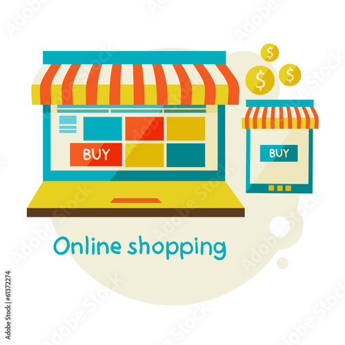 online shopping. Sale, Laptop and smart phone with awning