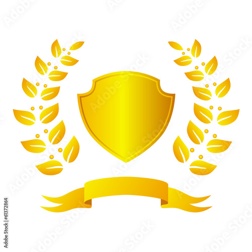 Golden shield with laurel wreath and ribbon