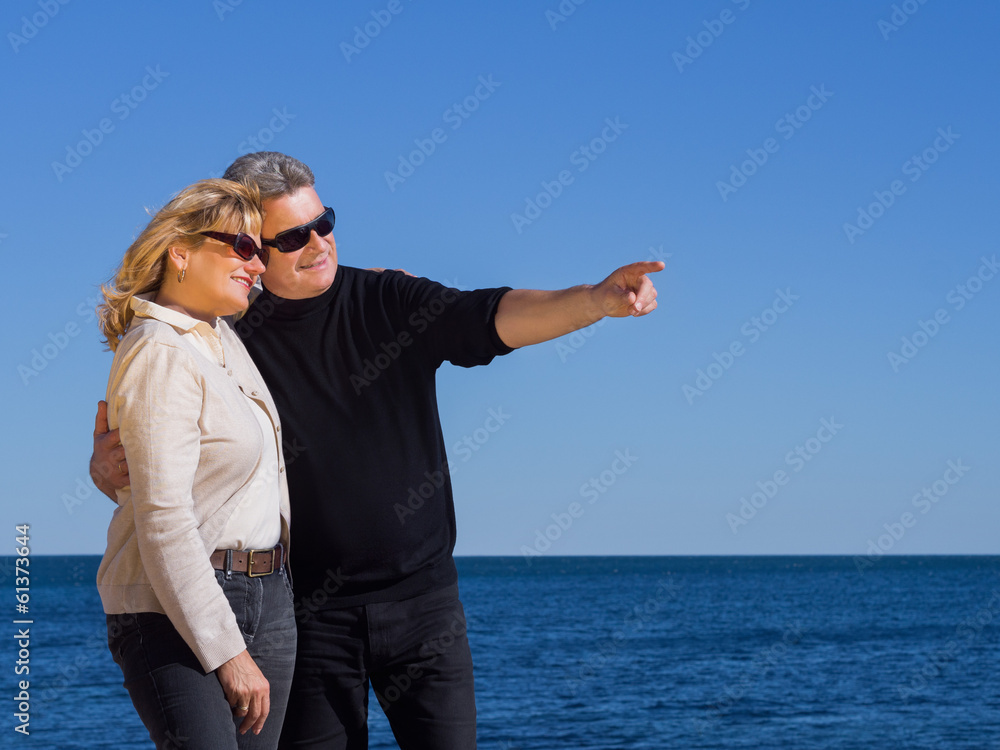 Romantic mature couple pointing to copyspace at the coast
