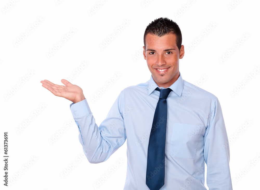 Charming man holding out his right palm Charming man holding out his right palm