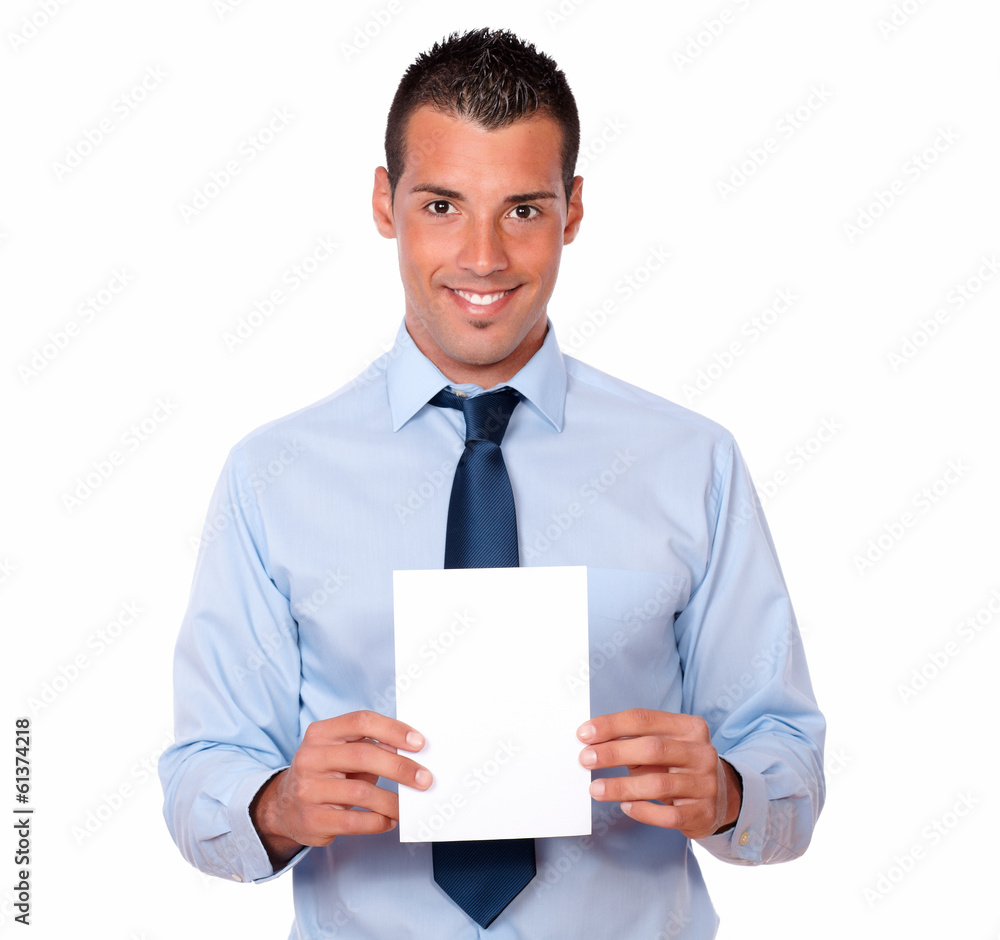 Handsome latin man holding a blank card Handsome latin man holding a blank card