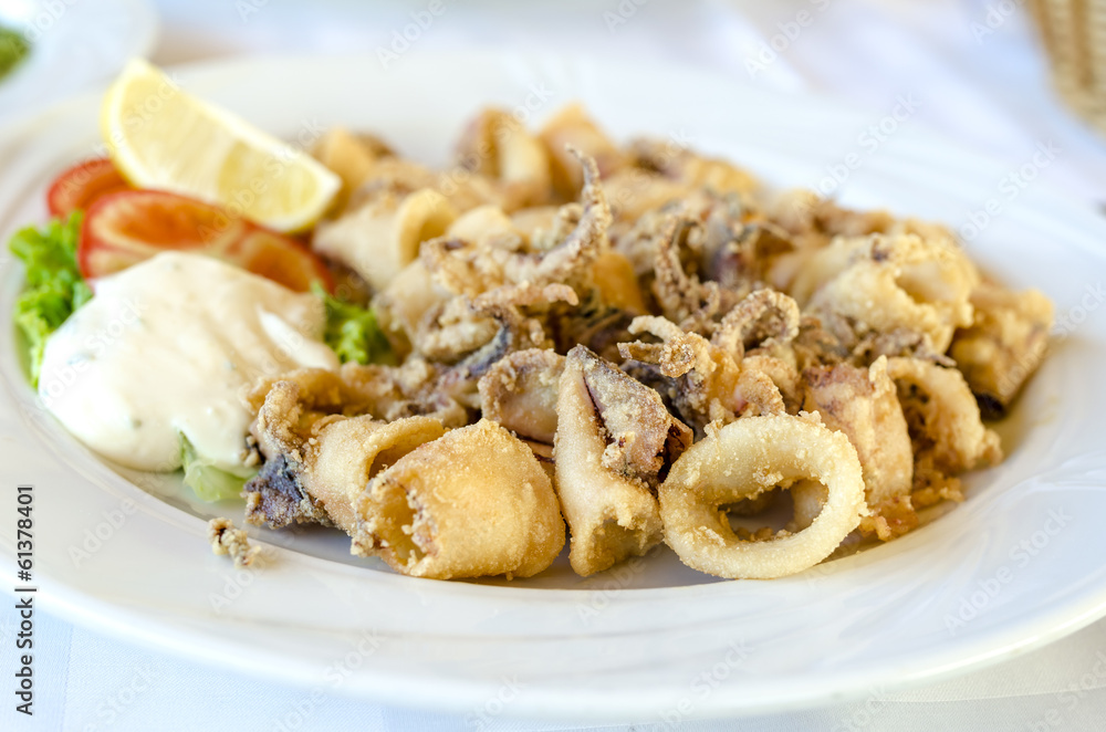 Serving of cooked calamari Serving of cooked calamari