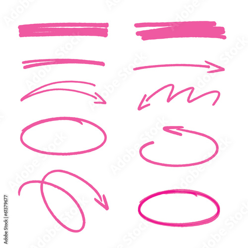 set of pink hand drawn arrows signs and highlighting elements