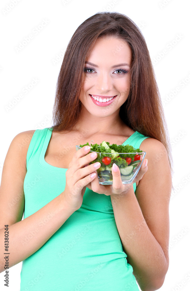 Beautiful girl with fresh salad isolated on white Beautiful girl with fresh salad isolated on white