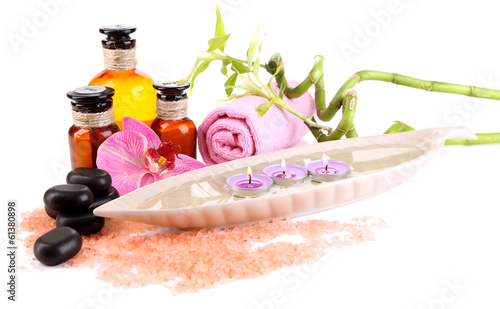 Fototapeta Naklejka Na Ścianę i Meble -  Beautiful spa setting with flower isolated on white