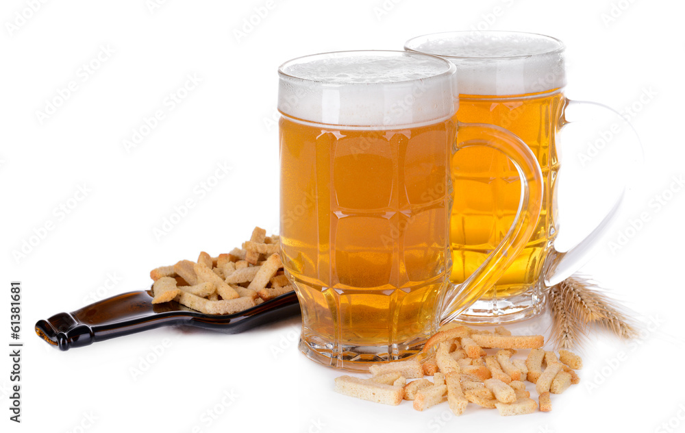 Glasses of beer with snack isolated on white Glasses of beer with snack isolated on white