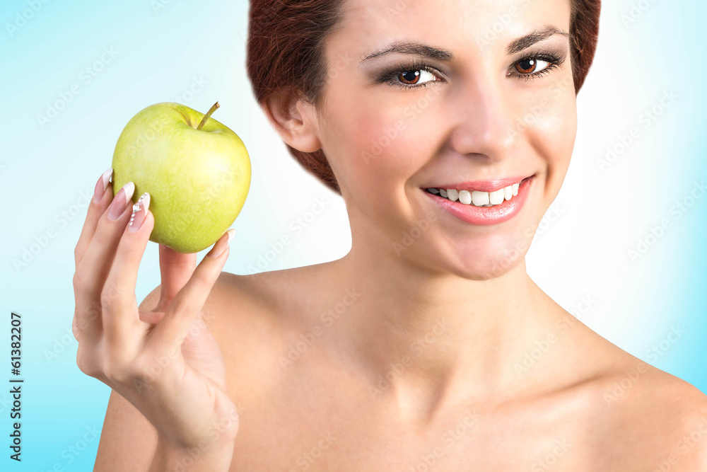 Young Smiling Girl with Fresh Juice green Apple. Young Smiling Girl with Fresh Juice green Apple.