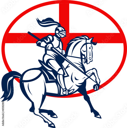 English Knight Riding Horse England Flag Circle Retro