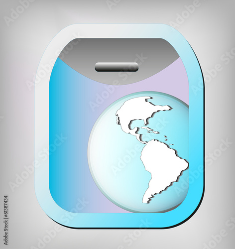 Illustration of airplane window with earth globe