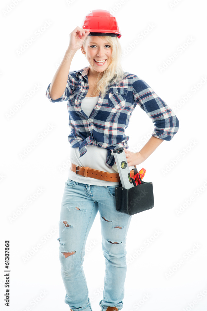 Arbeiterin mit Wasserwaage Arbeiterin mit Wasserwaage