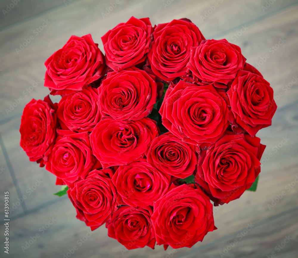 bouquet of red roses from above bouquet of red roses from above