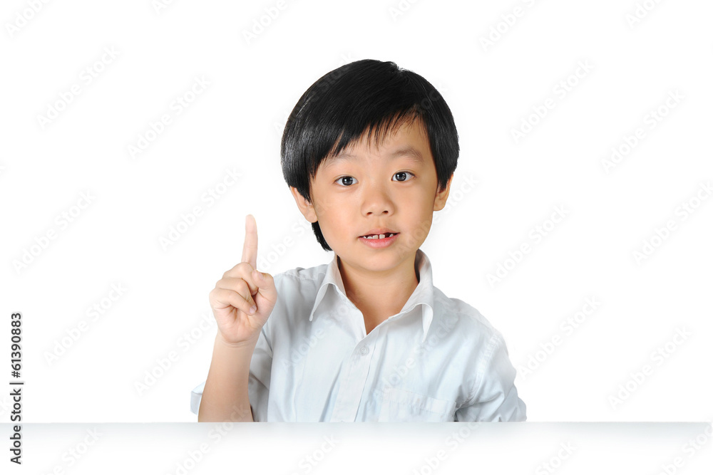 Asian schoolboy raising his index finger to speak Asian schoolboy raising his index finger to speak