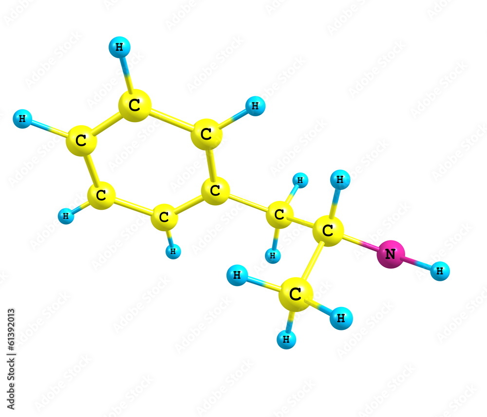 Dextroamphetamine (dexamphetamine) molecular structure on white Dextroamphetamine (dexamphetamine) molecular structure on white