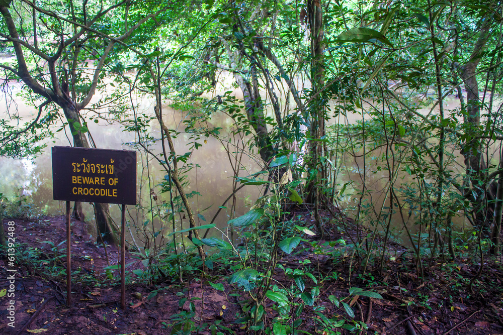 Jungle and crocodile warning sign at Khao Yai National Park Jungle and crocodile warning sign at Khao Yai National Park
