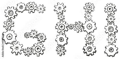 Vector alphabet of caricature letters from spinning gears