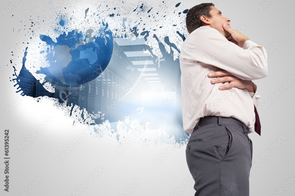 Composite image of thoughtful businessman with hand on chin