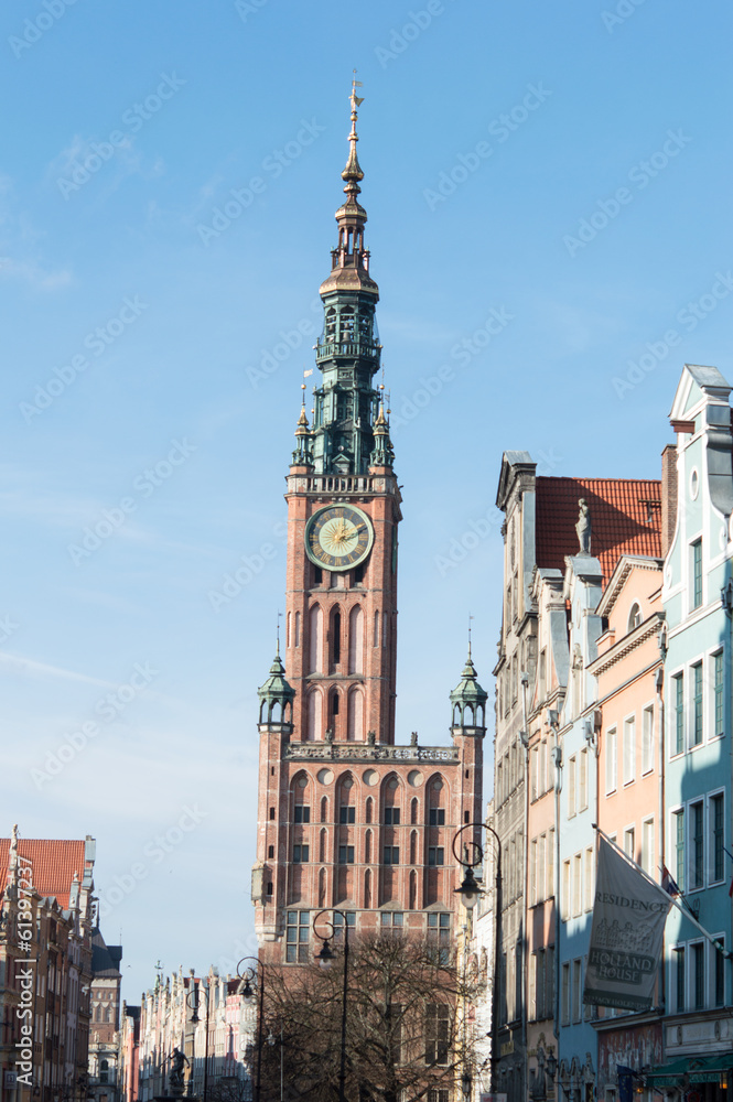 Long market with gothic city hall in Gdansk, Poland