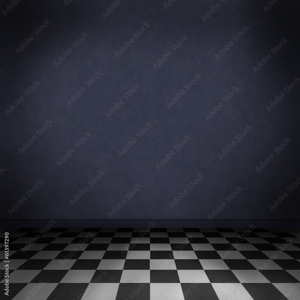 Fototapeta premium Dark gothic background, sad room with checker floor