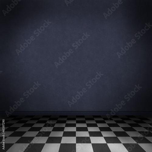Dark gothic background, sad room with checker floor © ingalinder