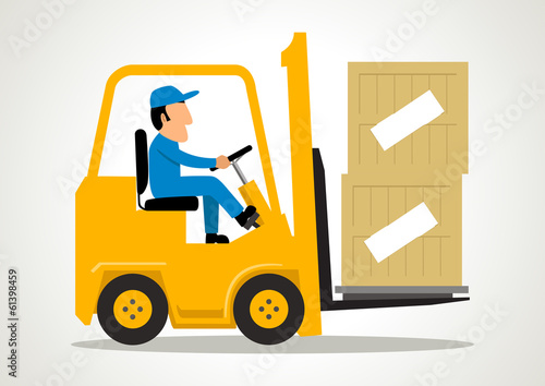 Simple cartoon of a man driving a forklift