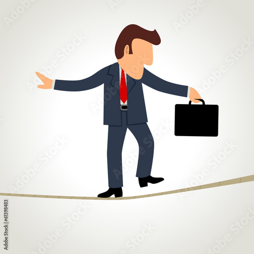 Simple cartoon of a businessman walking on rope