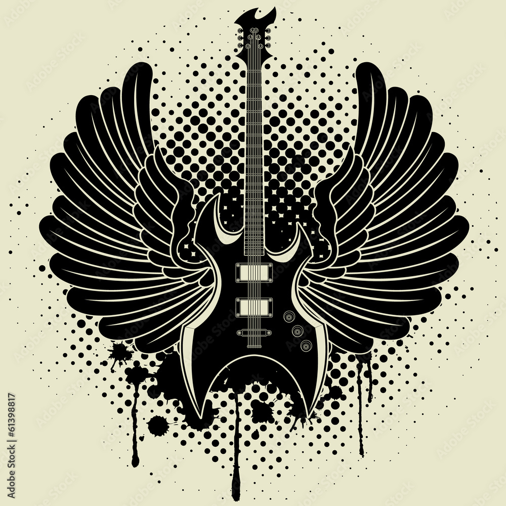 Fototapeta premium Sticker on the shirt the image of a guitar of wings