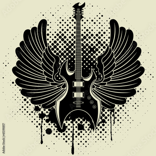 Sticker on the shirt the image of a guitar of wings