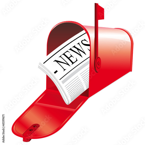 Red open mailbox with newspaper inside.