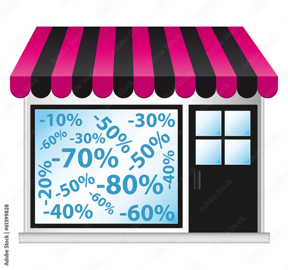 Petit magasin. Prix soldés en vitrine. Petit magasin. Prix soldés en vitrine.
