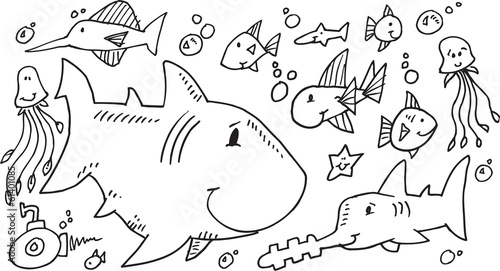 Cute Sea Creatures Doodle set Vector Illustration Art