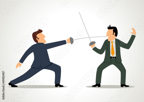 Simple cartoon of two businessmen fencing with each other