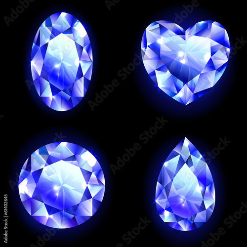 Set of blue geometric icons, red diamonds isolated on black