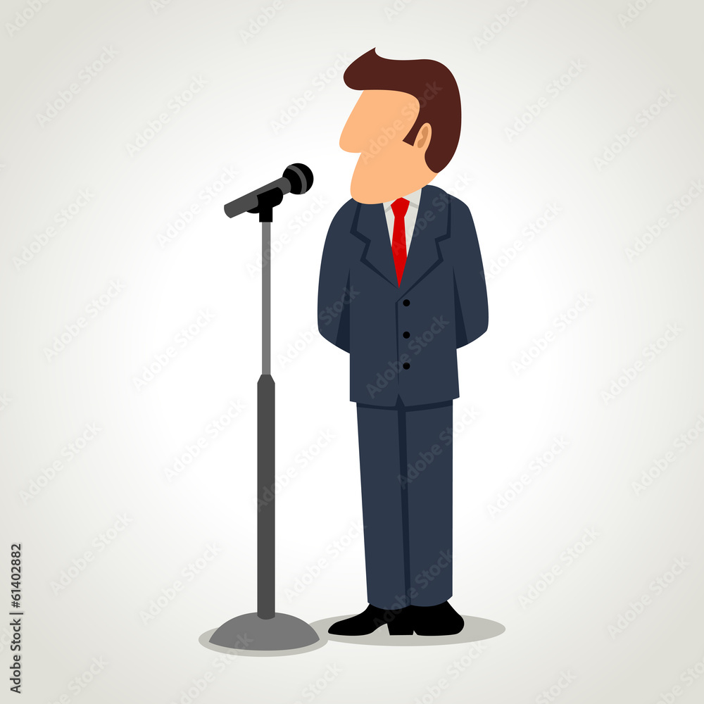 Obraz premium Simple cartoon of businessman in front of a microphone