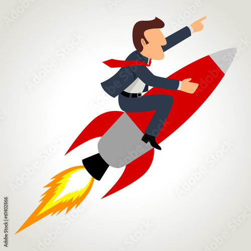 Simple cartoon of a businessman on a rocket