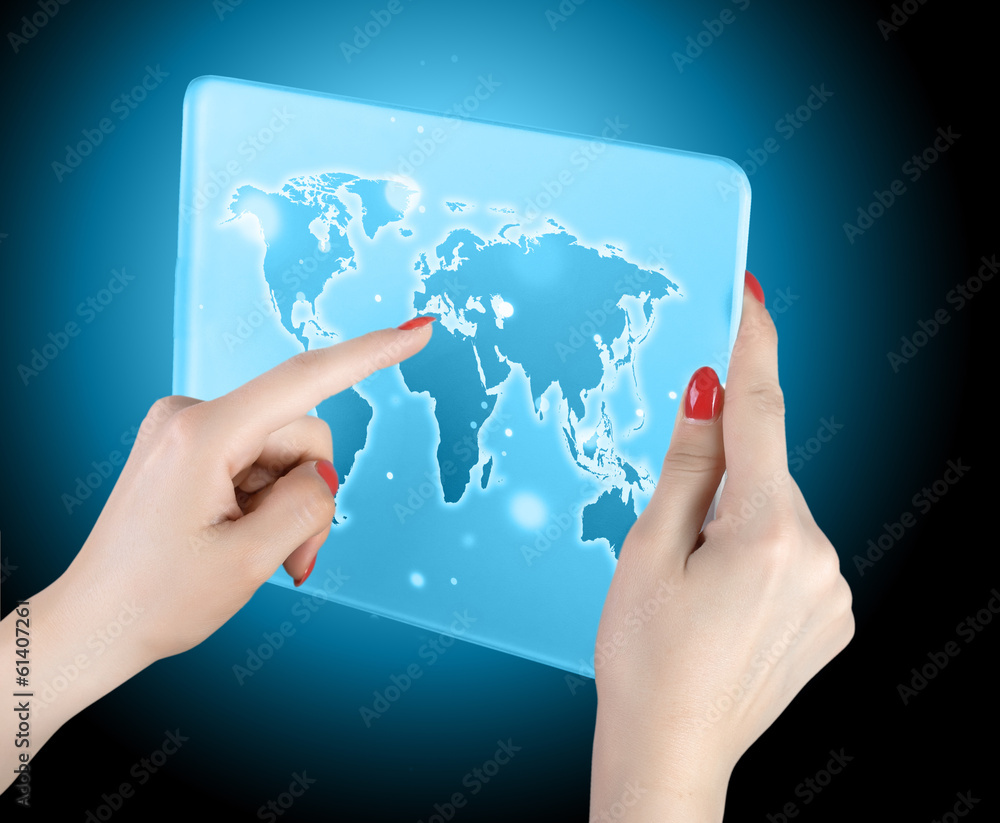 woman hand touch world map and connection woman hand touch world map and connection