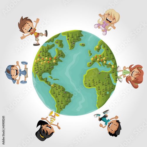 Cute happy cartoon kids over earth planet