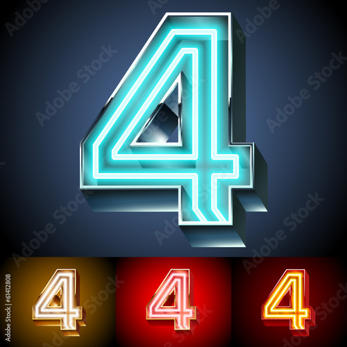Realistic neon tube alphabet for light board. Number 4