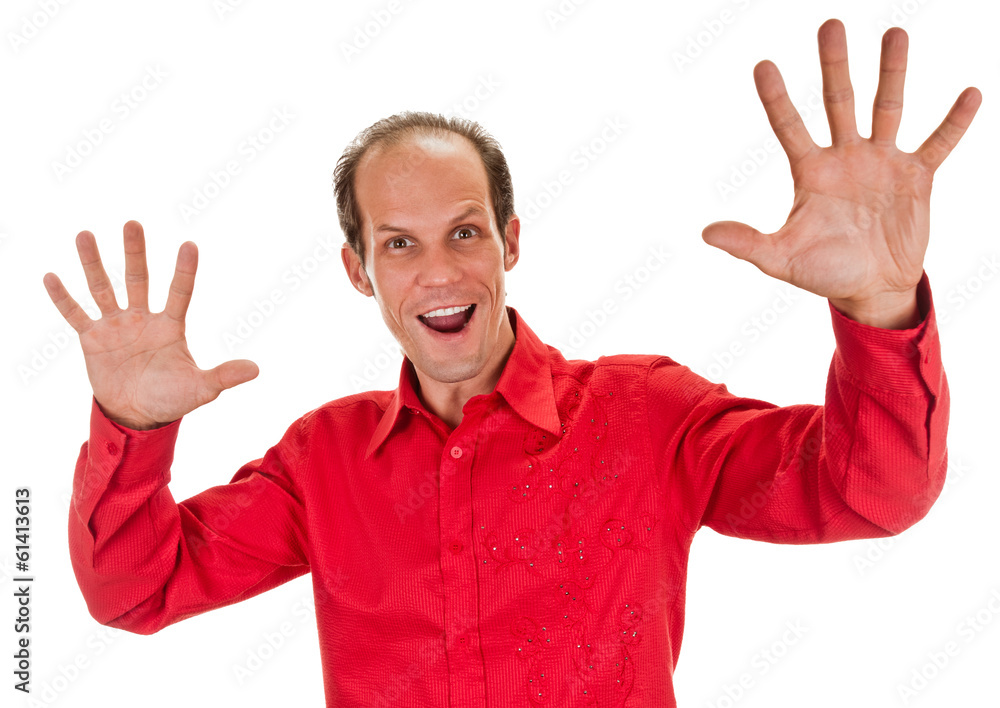 young man shows sign and symbol by hands on white background young man shows sign and symbol by hands on white background