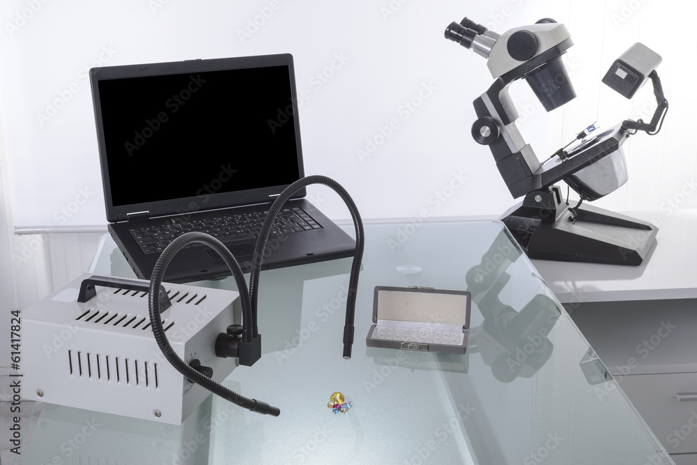 Gemologist and microscope Gemologist and microscope