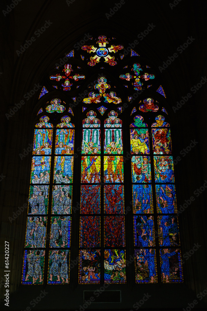 Stained glass in the St. Vitus Cathedral in Prague.