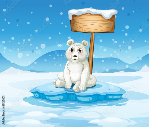 A polar bear sitting under the empty wooden signboard